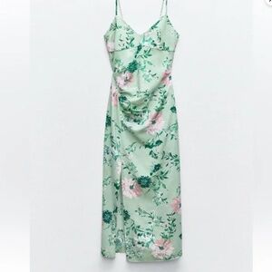 Zara NWT Green Pink Floral Linen Blend Midi Dress Size M